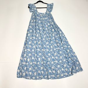 A New Day Dress Womens Maxi Medium Linen Blend Blue Floral Cap Flutter Sleeve